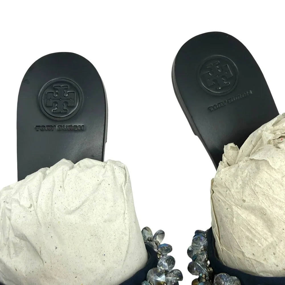 NEW Tory Burch Crystal Embellished Crystal Slide Sandals Navy Black Leather 6M